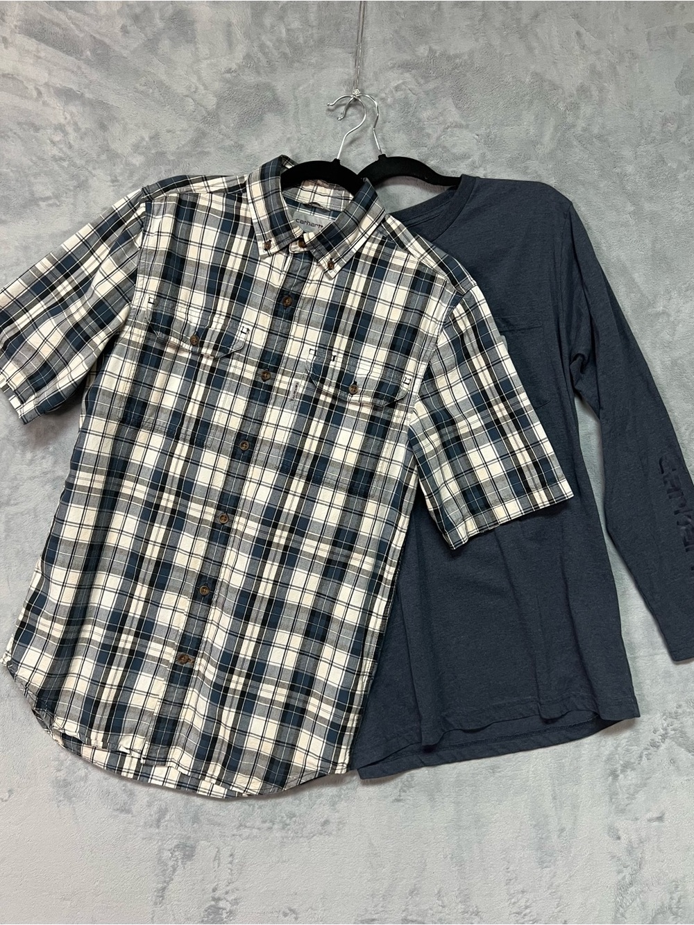 Lot of 2 Carhartt Men's Size Small Shirts Plaid Button Up & Blue Long Sleeve